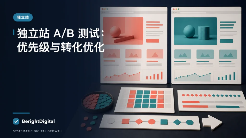 独立站 A/B 测试怎么做？从测试优先级到转化率优化的完整 SOP封面图，展示两版落地页、测试矩阵与实验数据界面