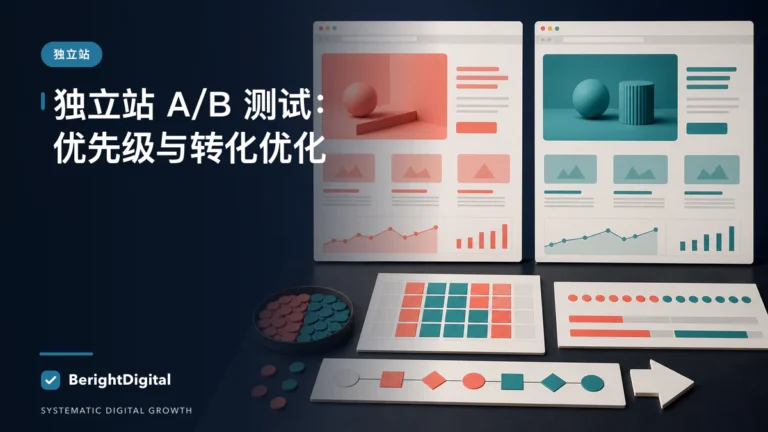 独立站 A/B 测试怎么做？从测试优先级到转化率优化的完整 SOP封面图，展示两版落地页、测试矩阵与实验数据界面