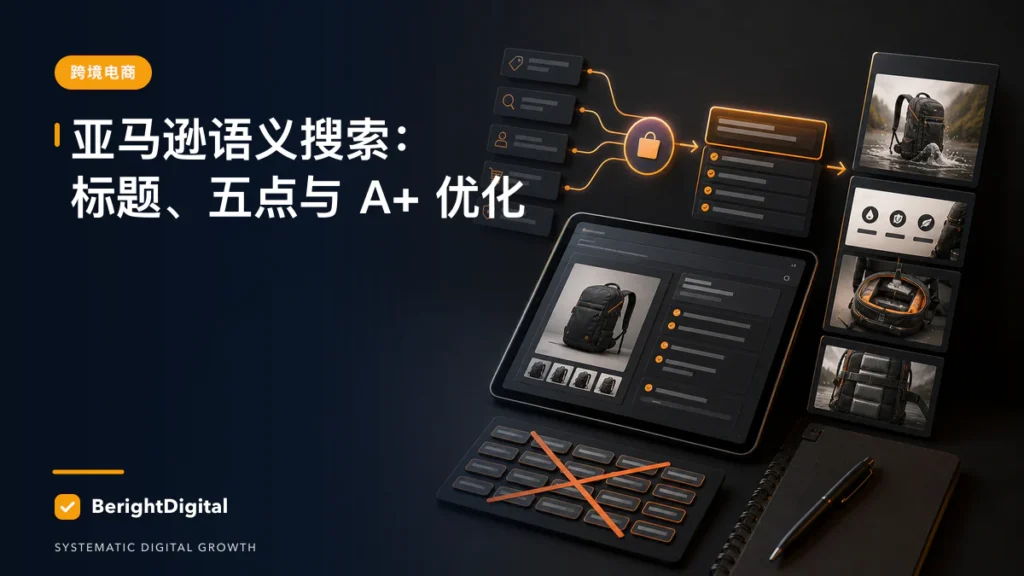 亚马逊 Listing 不再只是堆关键词：语义搜索时代怎么写标题、五点和 A+？封面图，展示搜索优化、网站结构与内容策略可视化