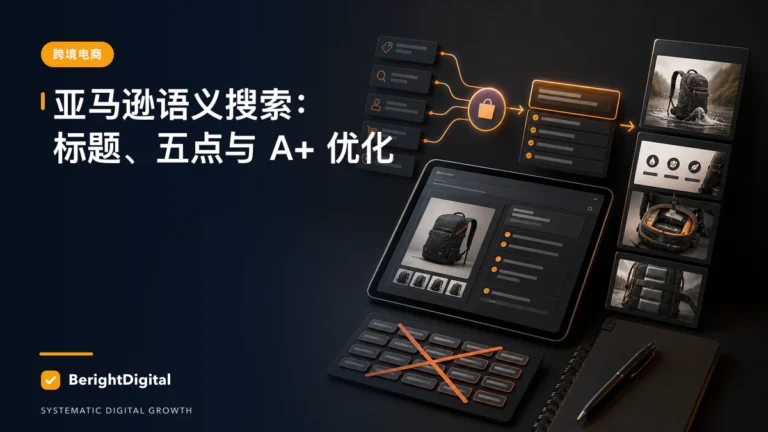 亚马逊 Listing 不再只是堆关键词：语义搜索时代怎么写标题、五点和 A+？封面图，展示搜索优化、网站结构与内容策略可视化