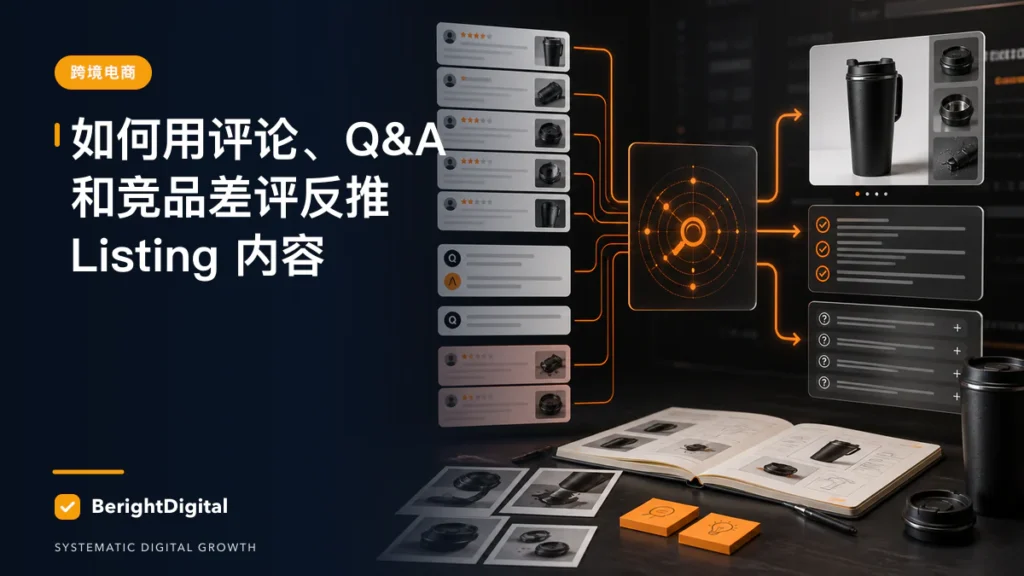如何用评论、Q&A 和竞品差评反推 Listing 内容封面图，展示跨境电商主题的数据、流程与策略可视化