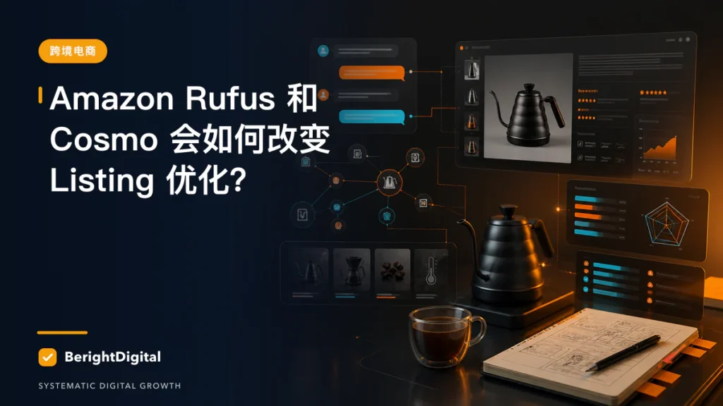 Amazon Rufus 和 Cosmo 会如何改变 Listing 优化？封面图，展示亚马逊商品详情、搜索语义与电商优化界面