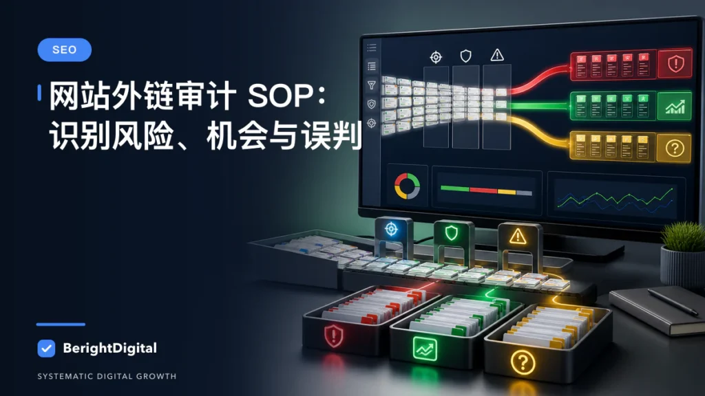 网站外链审计 SOP：识别风险、机会与误判封面图，展示搜索优化、网站结构与内容策略可视化