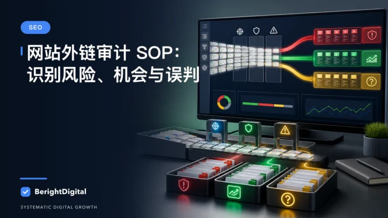 网站外链审计 SOP：识别风险、机会与误判封面图，展示搜索优化、网站结构与内容策略可视化