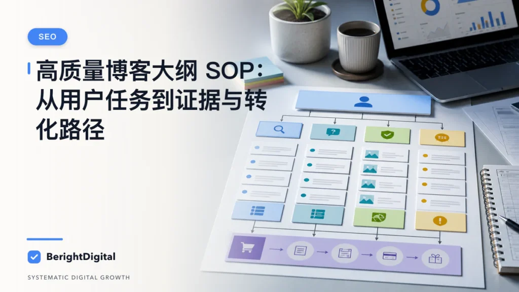 高质量博客大纲 SOP：从用户任务到证据与转化路径封面图，展示搜索优化、网站结构与内容策略可视化