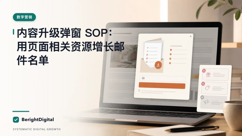 内容升级弹窗 SOP：用页面相关资源增长邮件名单封面图，展示邮件营销、自动化与外联工作流程