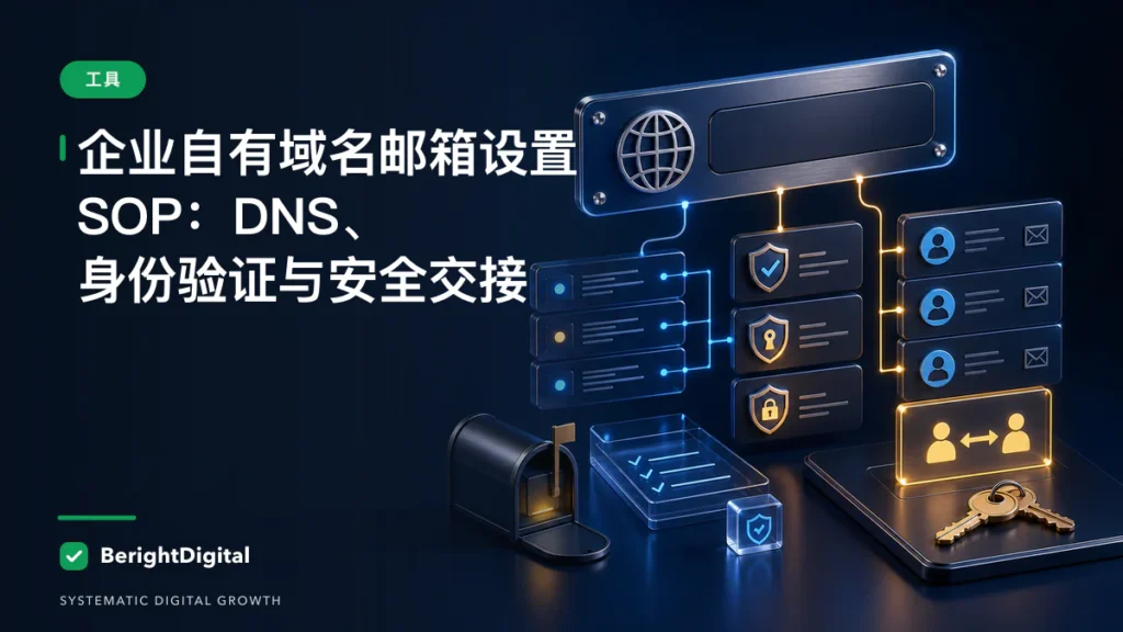 企业自有域名邮箱设置 SOP：DNS、身份验证与安全交接封面图，展示工具主题的数据、流程与策略可视化