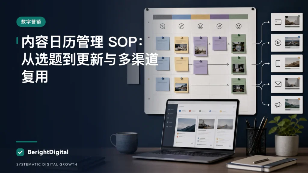 内容日历管理 SOP：从选题到更新与多渠道复用封面图，展示数字营销主题的数据、流程与策略可视化