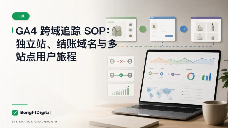 GA4 跨域追踪 SOP：独立站、结账域名与多站点用户旅程封面图，展示网站分析仪表板、数据追踪与报告流程