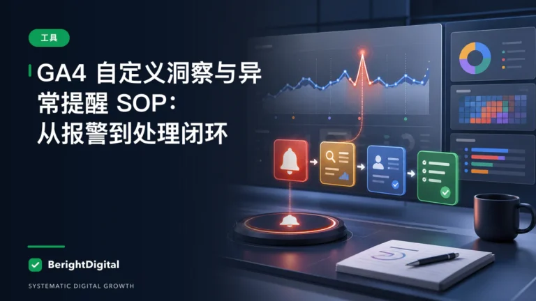 GA4 自定义洞察与异常提醒 SOP：从报警到处理闭环封面图，展示网站分析仪表板、数据追踪与报告流程