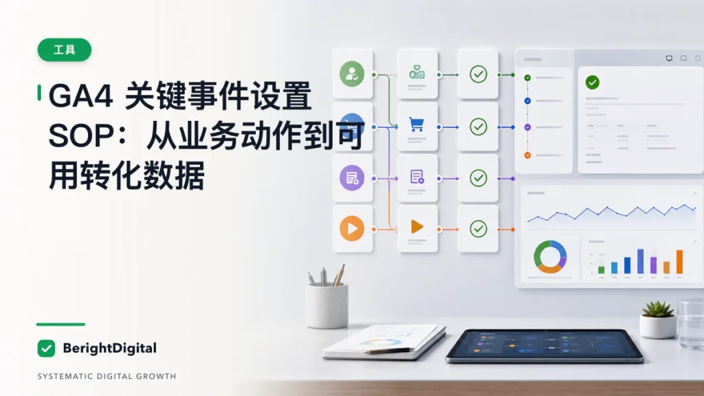 GA4 关键事件设置 SOP：从业务动作到可用转化数据封面图，展示网站分析仪表板、数据追踪与报告流程