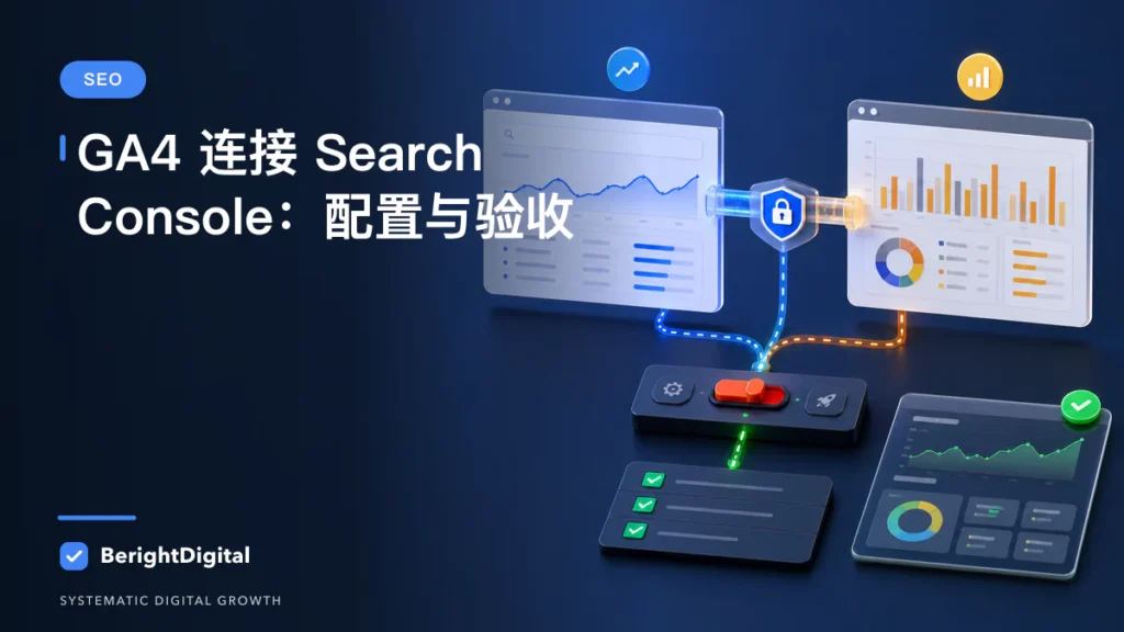 GA4 连接 Google Search Console SOP：配置、发布与验收封面图，展示网站分析仪表板、数据追踪与报告流程