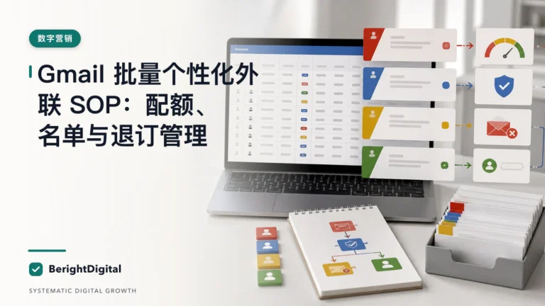 Gmail 批量个性化外联 SOP：配额、名单与退订管理封面图，展示邮件营销、自动化与外联工作流程