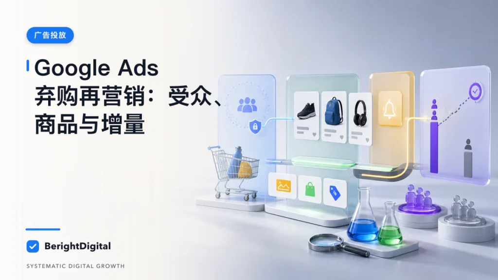Google Ads 弃购再营销 SOP：受众、动态商品与增量验证封面图，展示Google Ads 投放界面、追踪与账户流程