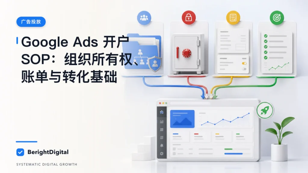 Google Ads 开户 SOP：组织所有权、账单与转化基础封面图，展示Google Ads 投放界面、追踪与账户流程