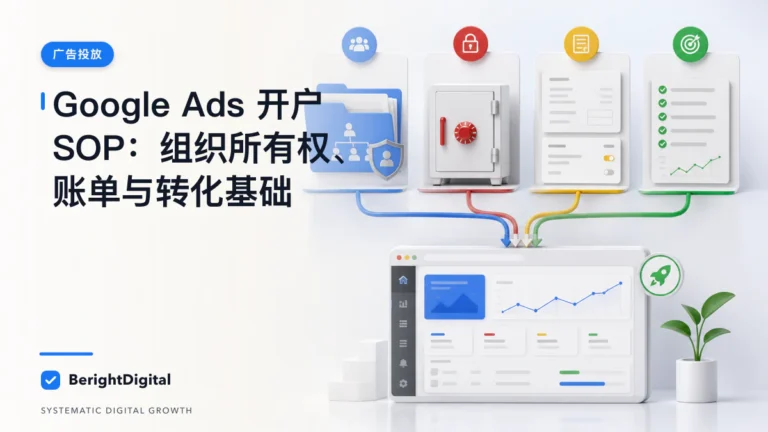 Google Ads 开户 SOP：组织所有权、账单与转化基础封面图，展示Google Ads 投放界面、追踪与账户流程