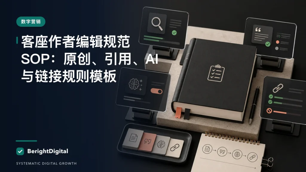 客座作者编辑规范 SOP：原创、引用、AI 与链接规则模板封面图，展示数字营销主题的数据、流程与策略可视化