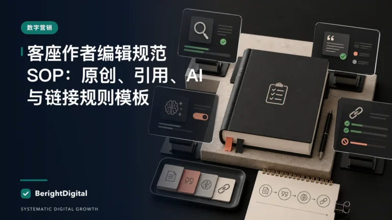 客座作者编辑规范 SOP：原创、引用、AI 与链接规则模板封面图，展示数字营销主题的数据、流程与策略可视化