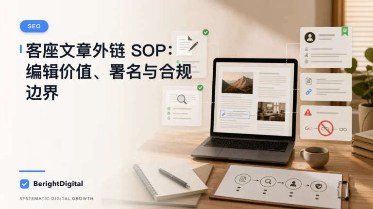 客座文章外链 SOP：编辑价值、署名与合规边界封面图，展示搜索优化、网站结构与内容策略可视化