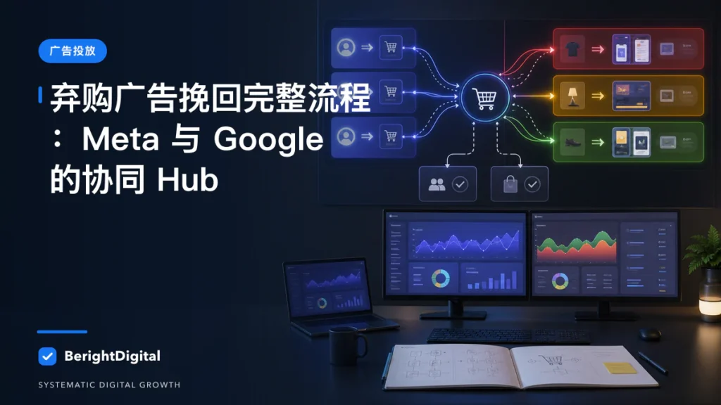 弃购广告挽回完整流程：Meta 与 Google 的协同 Hub封面图，展示Meta 广告投放界面、账户结构与数据流程
