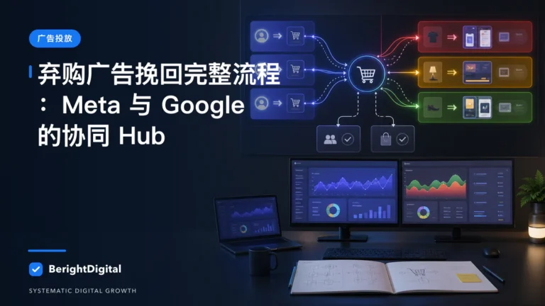 弃购广告挽回完整流程:Meta 与 Google 的协同 Hub封面图,展示Meta 广告投放界面、账户结构与数据流程