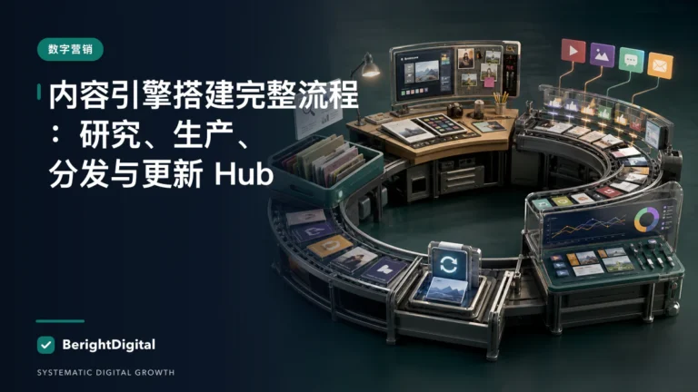 内容引擎搭建完整流程：研究、生产、分发与更新 Hub封面图，展示数字营销主题的数据、流程与策略可视化