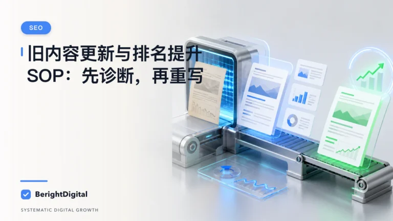 旧内容更新与排名提升 SOP：先诊断，再重写封面图，展示SEO主题的数据、流程与策略可视化