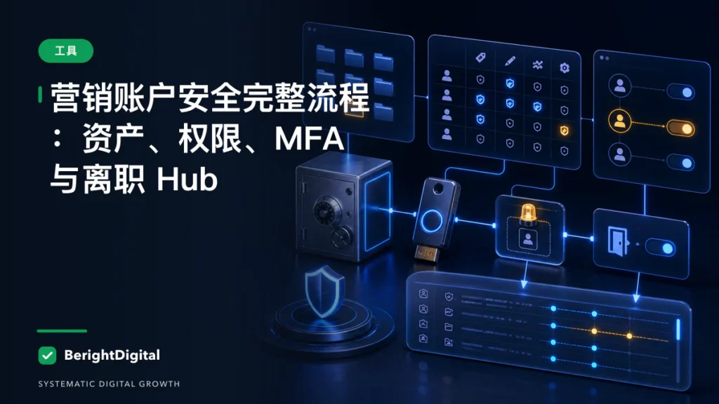 营销账户安全完整流程：资产、权限、MFA 与离职 Hub封面图，展示工具主题的数据、流程与策略可视化