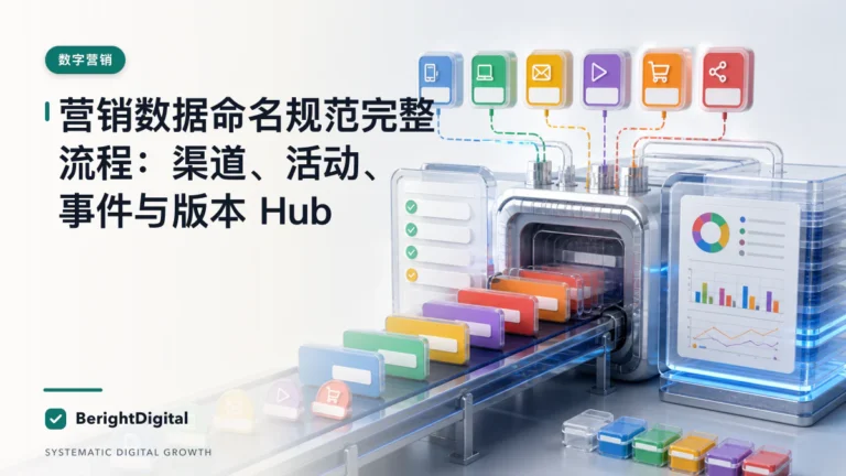 营销数据命名规范完整流程：渠道、活动、事件与版本 Hub封面图，展示数字营销主题的数据、流程与策略可视化