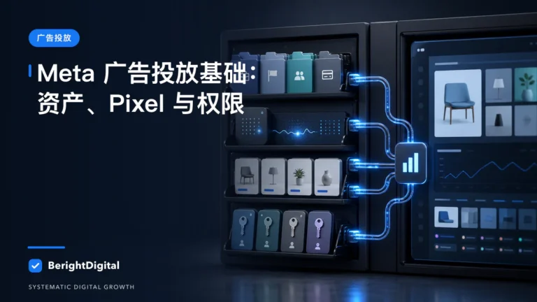 Meta 广告投放基础完整流程：资产、Pixel、目录与权限 Hub封面图，展示Meta 广告投放界面、账户结构与数据流程