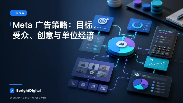 Meta 广告策略完整流程：目标、受众、创意与单位经济 Hub封面图，展示Meta 广告投放界面、账户结构与数据流程
