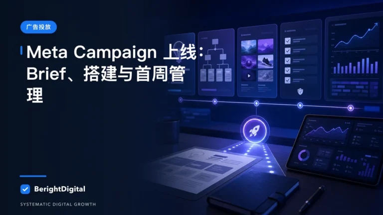 Meta Campaign 上线完整流程：Brief、搭建、QA 与首周管理封面图，展示Meta 广告投放界面、账户结构与数据流程