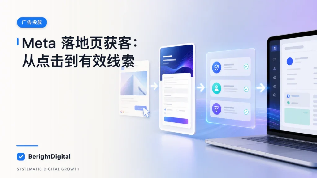 Meta 广告＋落地页获客完整流程：从点击到有效线索 Hub封面图，展示Meta 广告投放界面、账户结构与数据流程