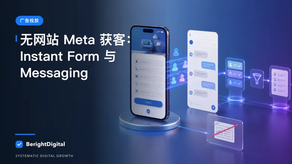 没有网站也能做 Meta 获客：Instant Form 与 Messaging Hub封面图，展示Meta 广告投放界面、账户结构与数据流程