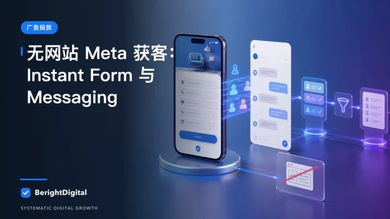 没有网站也能做 Meta 获客：Instant Form 与 Messaging Hub封面图，展示Meta 广告投放界面、账户结构与数据流程