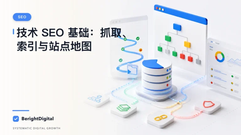技术 SEO 基础完整流程：抓取、索引、站点地图与监控 Hub封面图，展示搜索优化、网站结构与内容策略可视化
