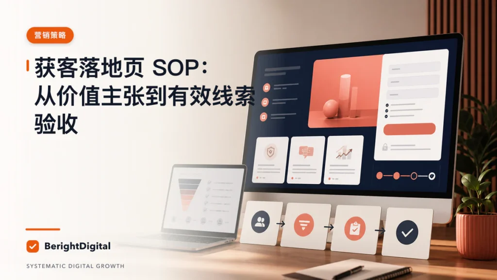 获客落地页 SOP：从价值主张到有效线索验收封面图，展示营销策略主题的数据、流程与策略可视化