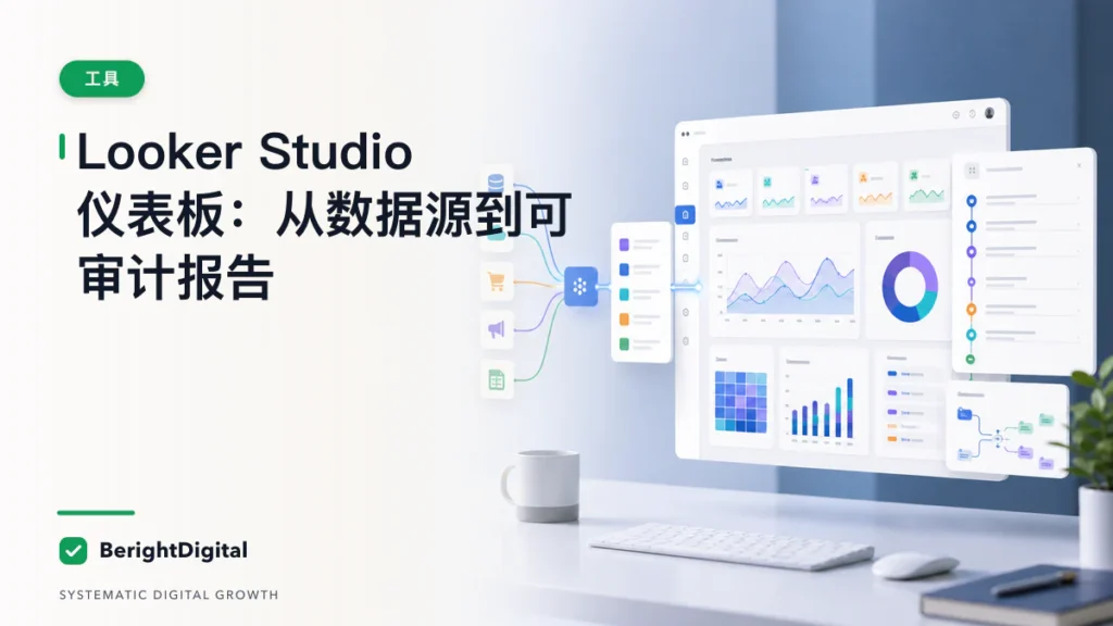 Looker Studio 营销仪表板 SOP：从数据源到可审计报告封面图，展示网站分析仪表板、数据追踪与报告流程