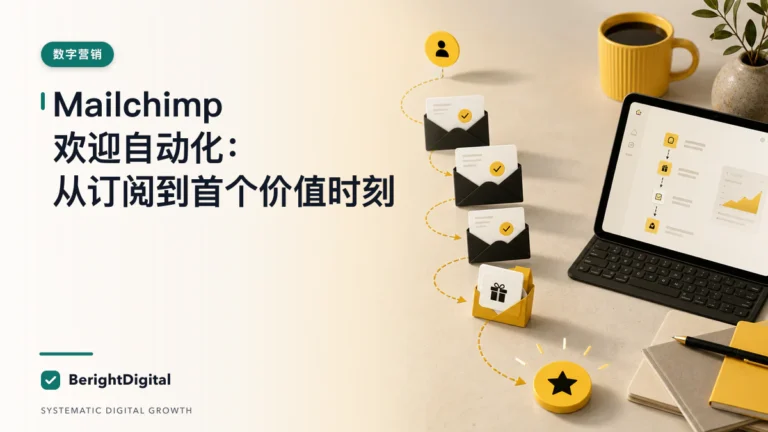 Mailchimp 欢迎邮件自动化 SOP：从订阅到首个价值时刻封面图，展示邮件营销、自动化与外联工作流程
