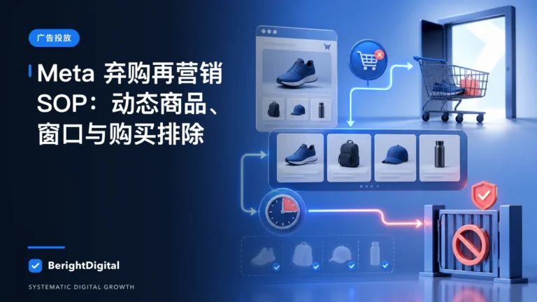Meta 弃购再营销 SOP：动态商品、窗口与购买排除封面图，展示Meta 广告投放界面、账户结构与数据流程