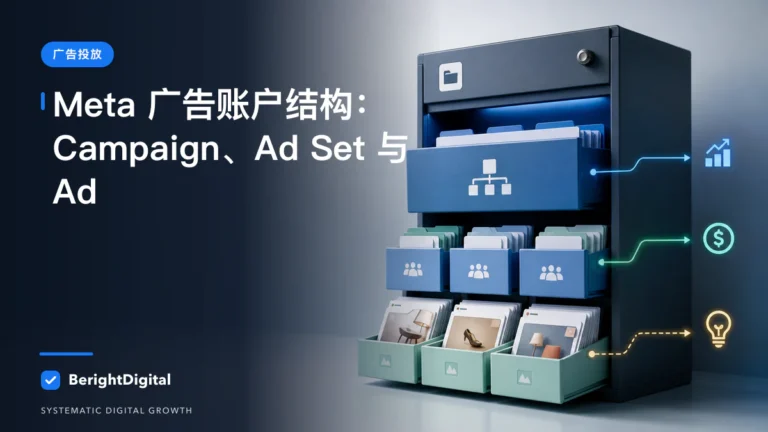 Meta 广告账户结构 SOP:Campaign、Ad Set 与 Ad 如何分层封面图,展示Meta 广告投放界面、账户结构与数据流程