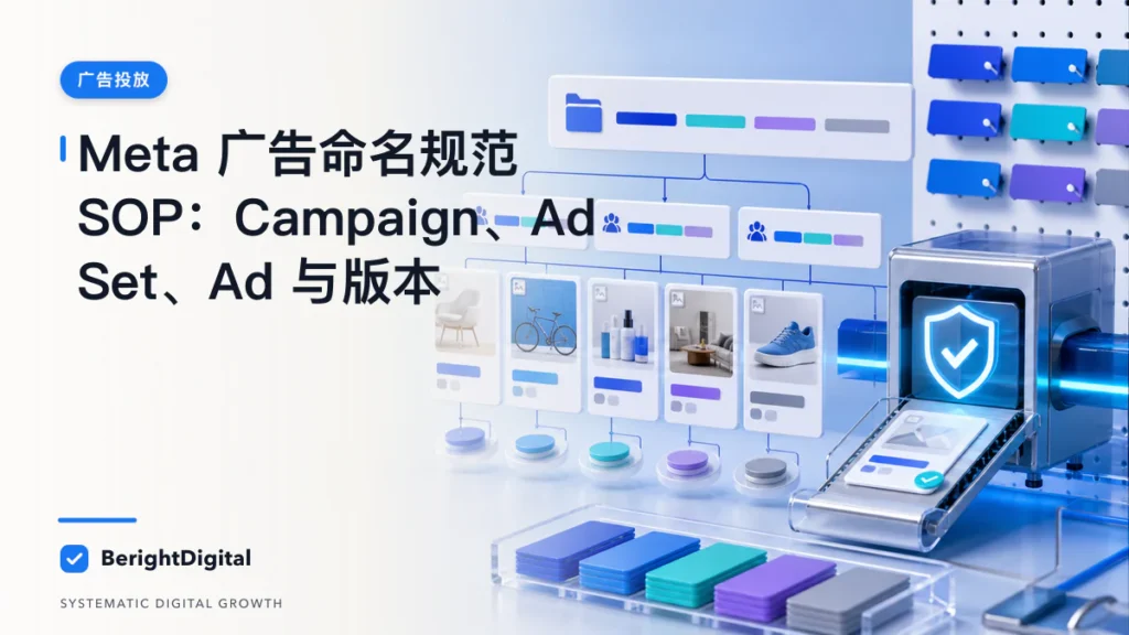 Meta 广告命名规范 SOP：Campaign、Ad Set、Ad 与版本封面图，展示Meta 广告投放界面、账户结构与数据流程