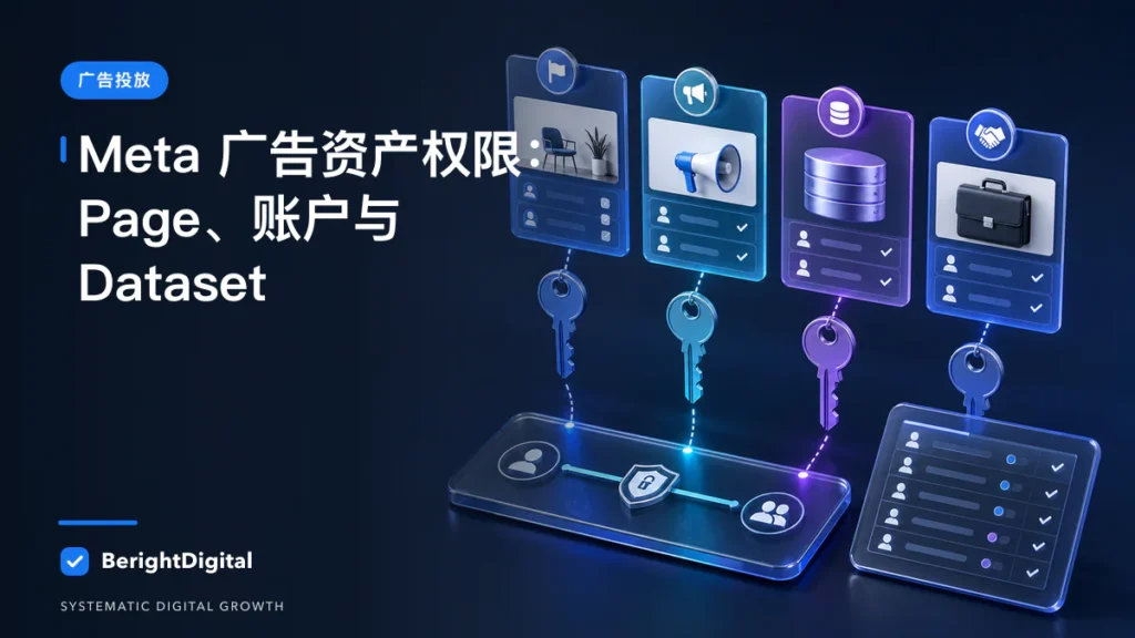 Meta 广告资产权限 SOP：Page、广告账户、Dataset 与 Partner封面图，展示Meta 广告投放界面、账户结构与数据流程