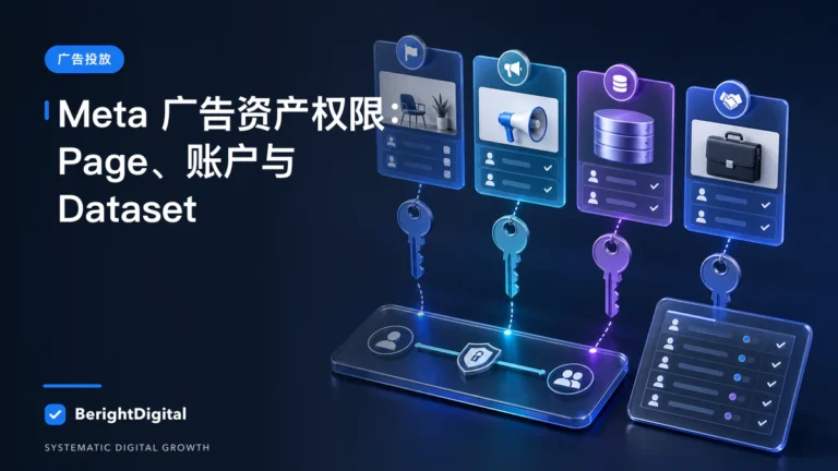 Meta 广告资产权限 SOP：Page、广告账户、Dataset 与 Partner封面图，展示Meta 广告投放界面、账户结构与数据流程