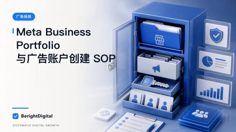 Meta Business Portfolio 与广告账户创建 SOP封面图，展示Meta 广告投放界面、账户结构与数据流程
