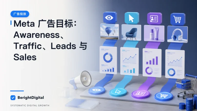 Meta 广告目标选择 SOP：Awareness、Traffic、Leads 与 Sales封面图，展示Meta 广告投放界面、账户结构与数据流程
