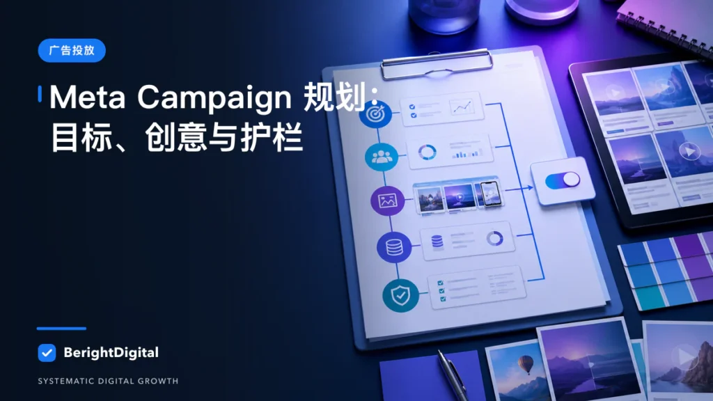 Meta 广告 Campaign 规划 SOP：上线前把目标、创意和护栏写清封面图，展示Meta 广告投放界面、账户结构与数据流程