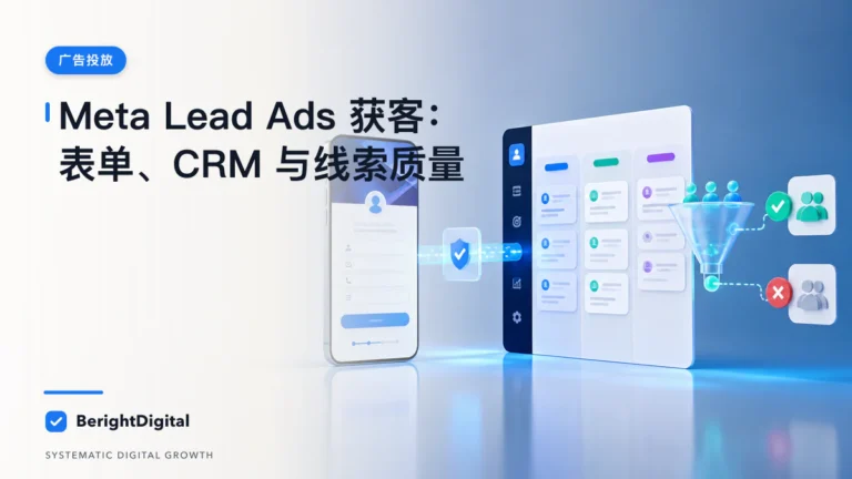 Meta Lead Ads 获客 SOP：Instant Form、CRM 与线索质量封面图，展示Meta 广告投放界面、账户结构与数据流程