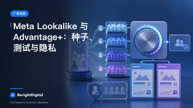 Meta Lookalike 与 Advantage+ Audience SOP：种子、测试与隐私封面图，展示Meta 广告投放界面、账户结构与数据流程