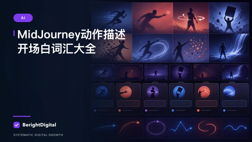 MidJourney动作描述开场白词汇大全封面图，展示动作分镜、动态姿态与提示词构建界面